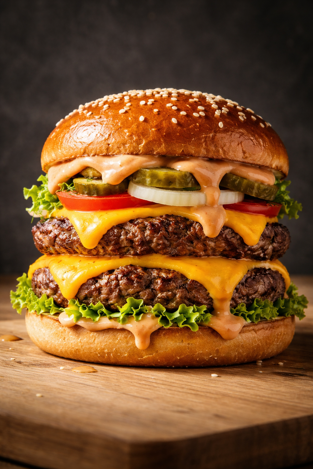 Double Cheeseburger - Triple beef patties with cheddar, bacon & lettuce